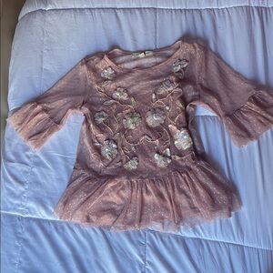 living doll Dusty Pink Floral Sequin Ruffle Top